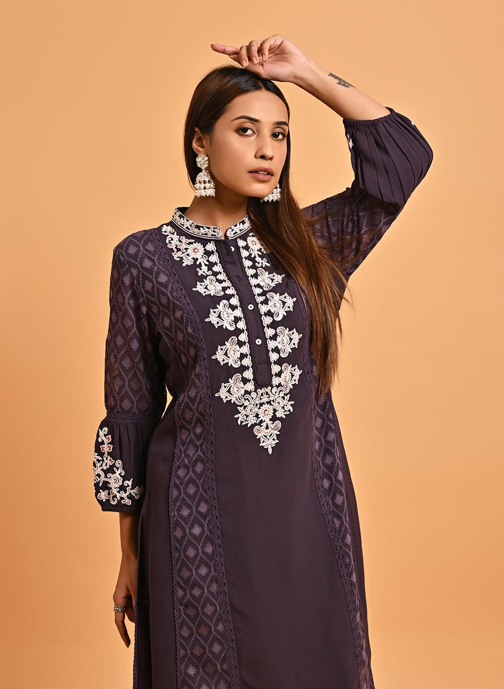 Purple Long Kurta with Embroidery and Flared Sleeves - Lakshita