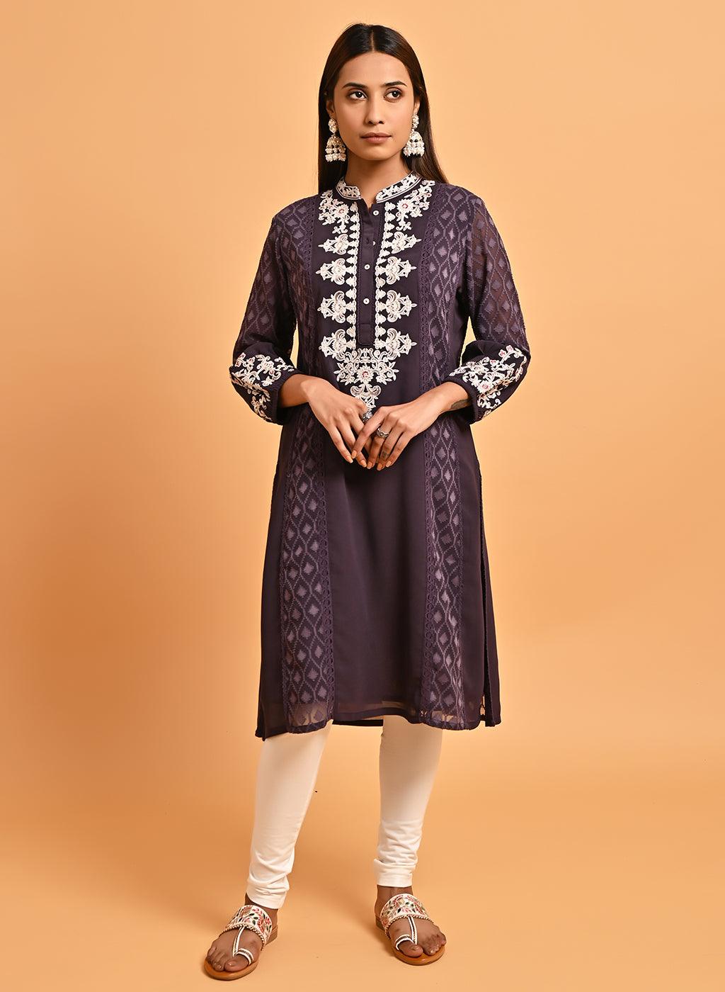 Purple Long Kurta with Embroidery and Flared Sleeves - Lakshita