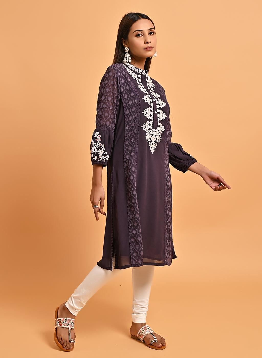 Purple Long Kurta with Embroidery and Flared Sleeves - Lakshita