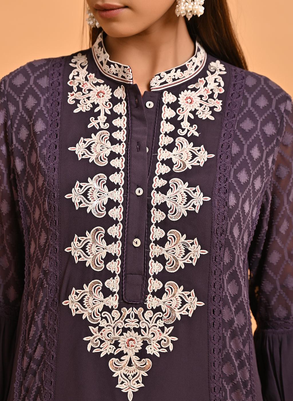 Purple Long Kurta with Embroidery and Flared Sleeves - Lakshita