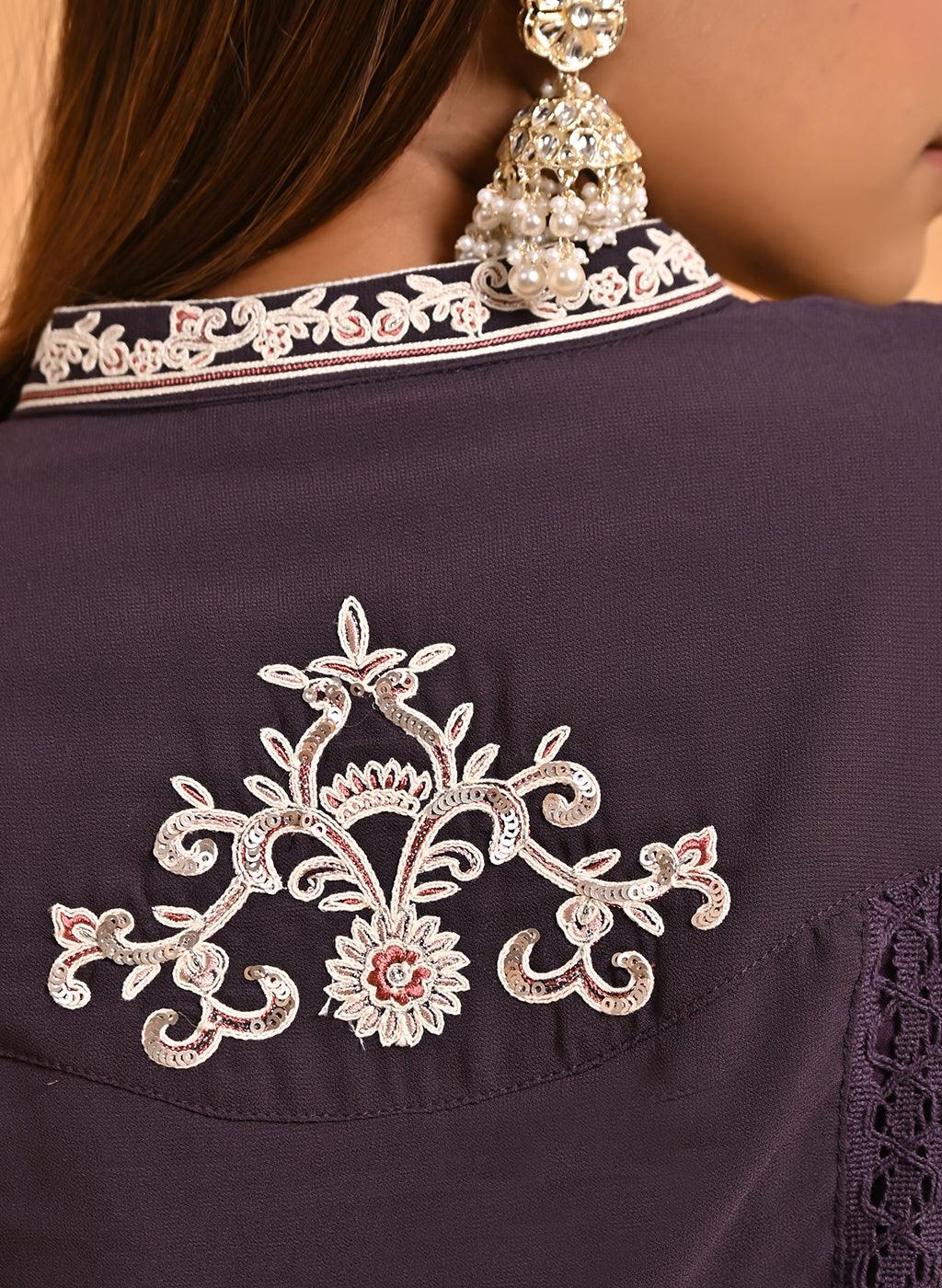 Purple Long Kurta with Embroidery and Flared Sleeves - Lakshita