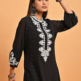 Black Long Kurta with Embroidery and Flared Sleeves - Lakshita