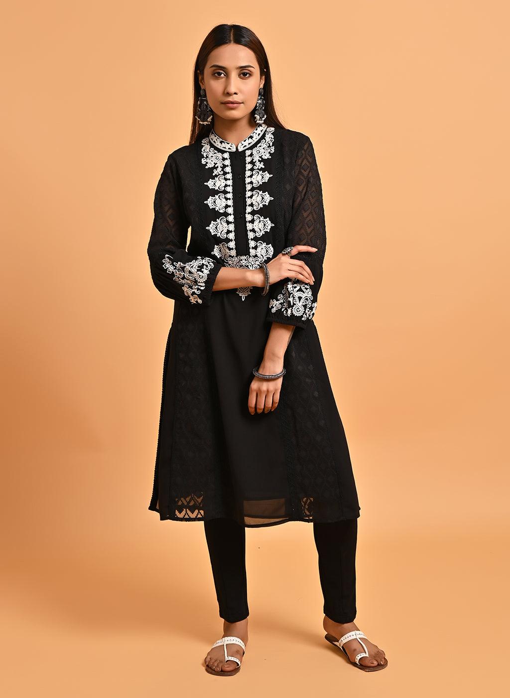 Black Long Kurta with Embroidery and Flared Sleeves - Lakshita