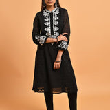 Black Long Kurta with Embroidery and Flared Sleeves - Lakshita