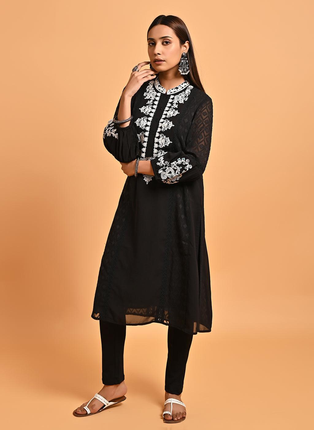 Black Long Kurta with Embroidery and Flared Sleeves - Lakshita