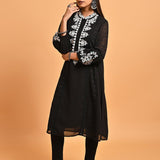 Black Long Kurta with Embroidery and Flared Sleeves - Lakshita