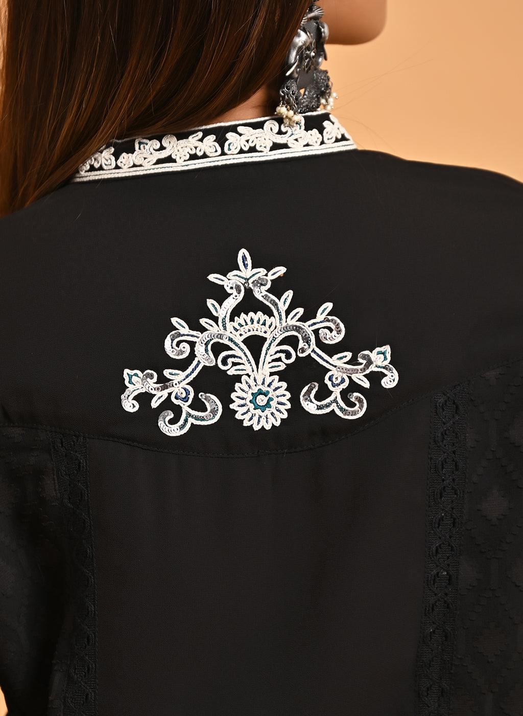 Black Long Kurta with Embroidery and Flared Sleeves - Lakshita