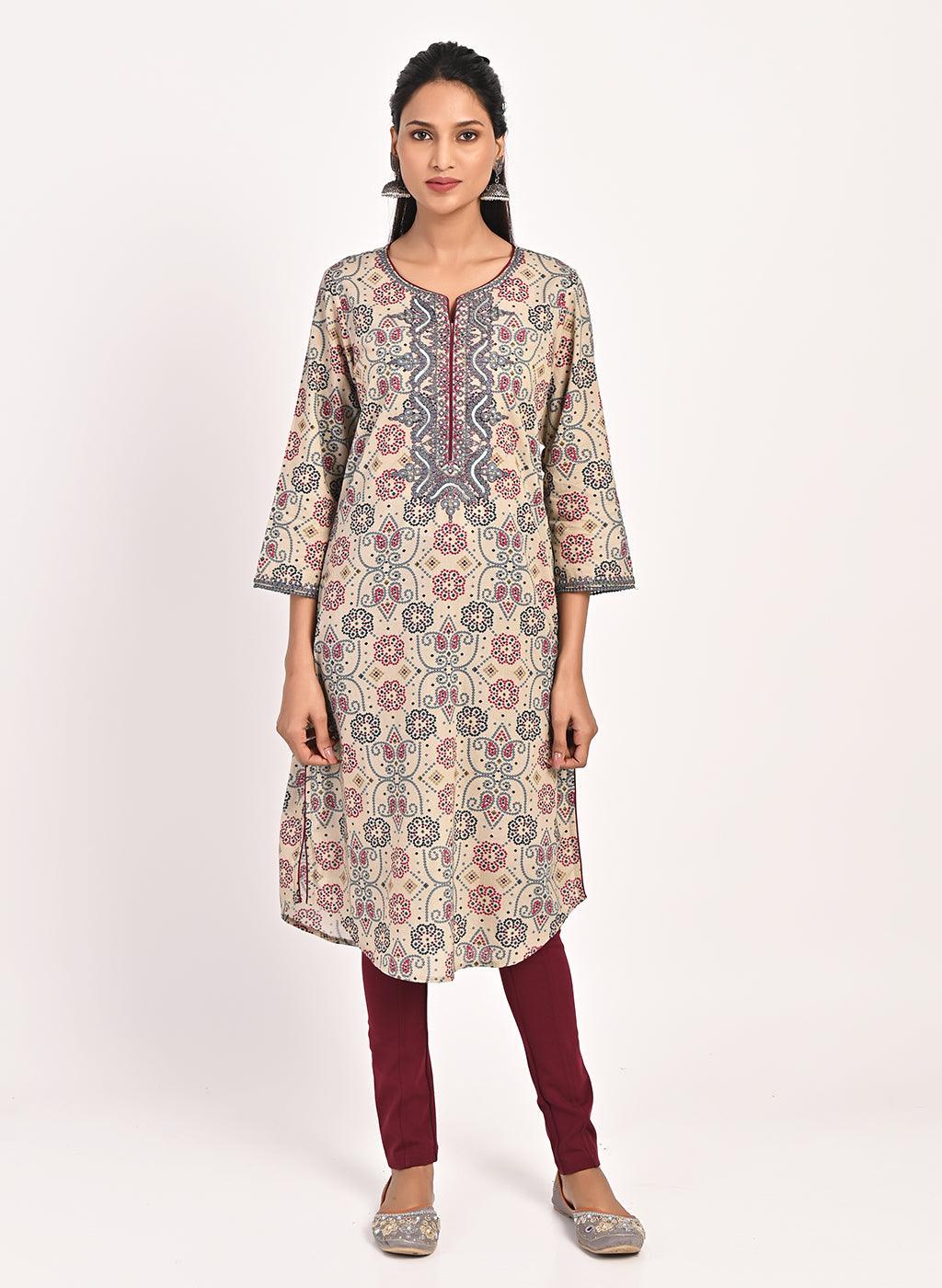 Beige Embroidered Bandhani Print Kurti - Lakshita