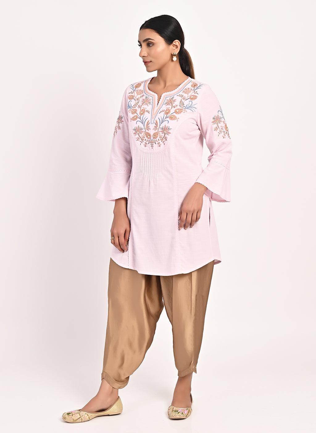 Pink Cotton Kurti with Floral Embroidery - Lakshita