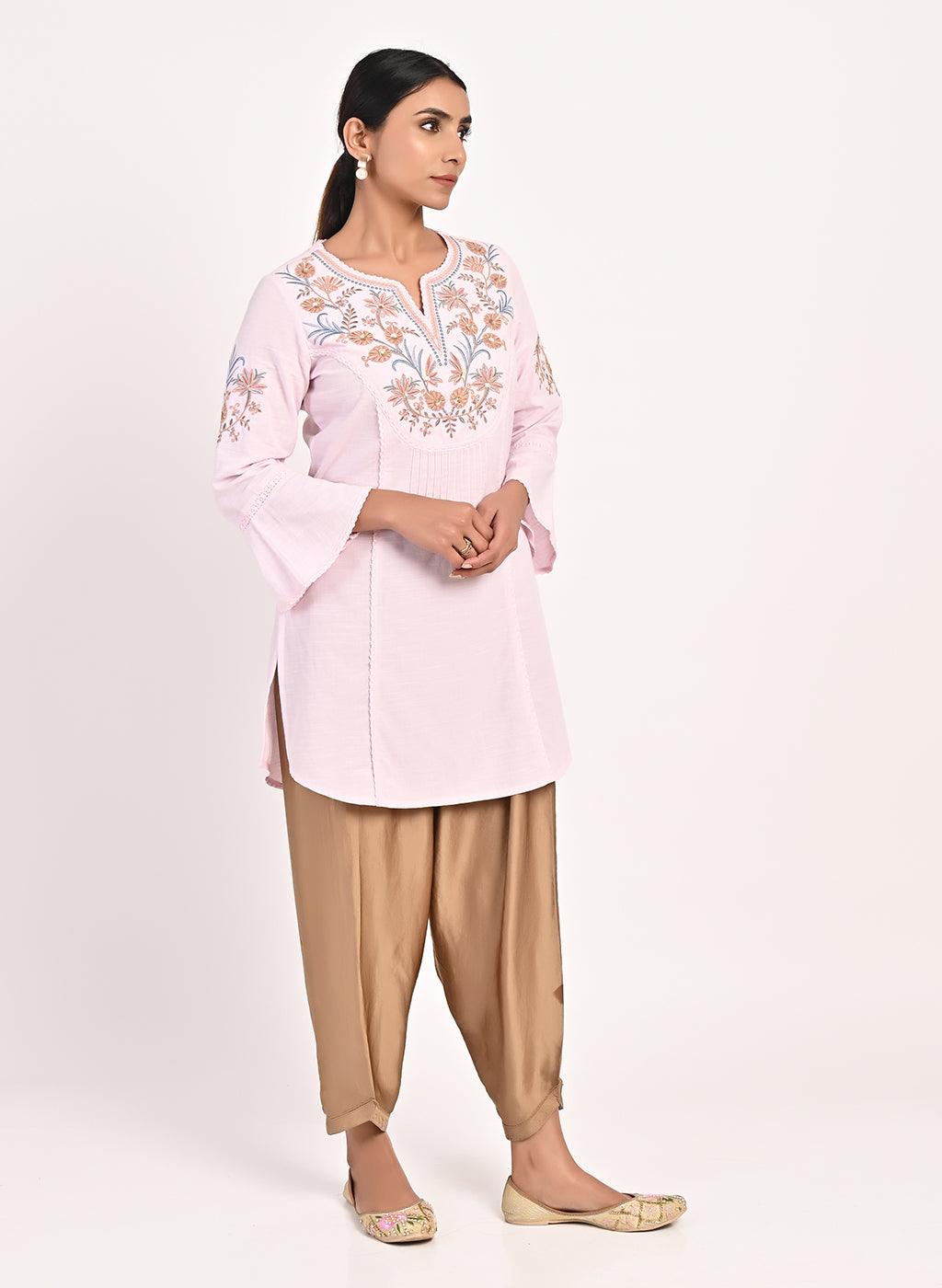 Pink Cotton Kurti with Floral Embroidery - Lakshita