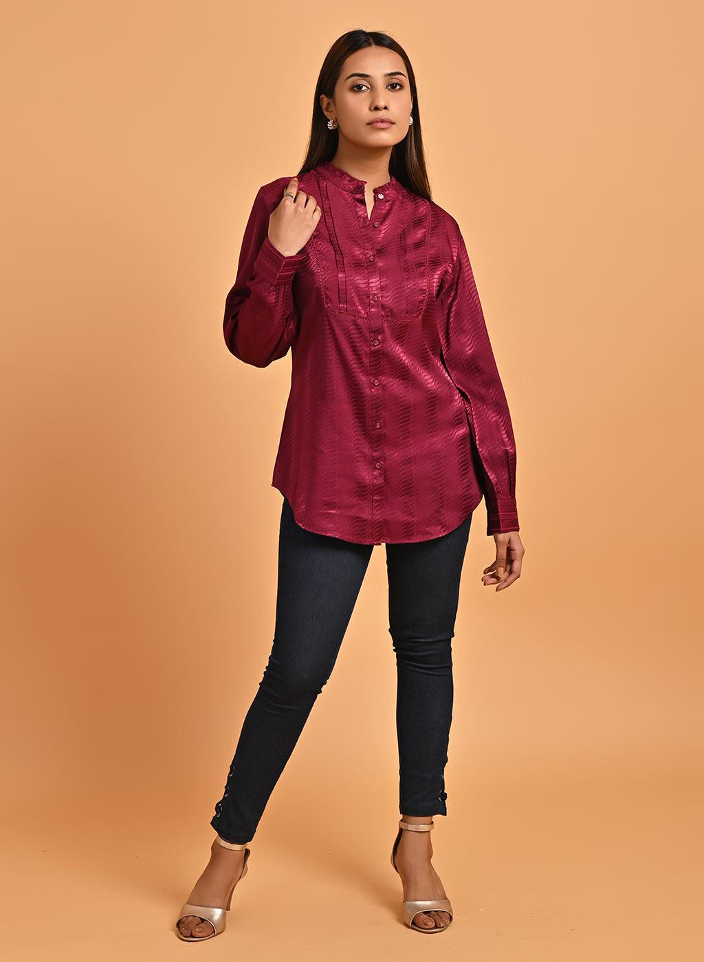 Fuchsia Satin Shirt with Balloon Sleeves and Open Front - Lakshita