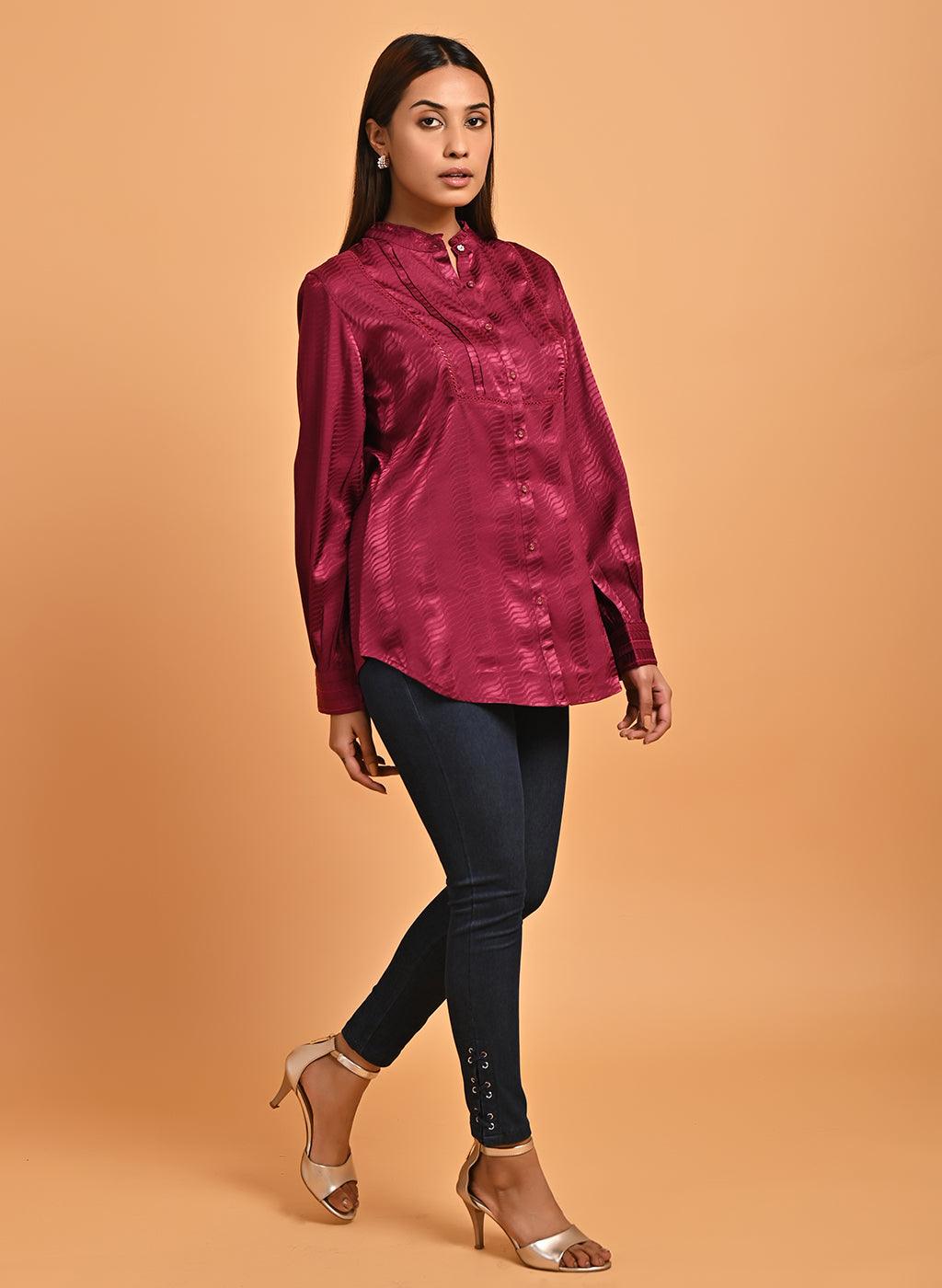 Fuchsia Satin Shirt with Balloon Sleeves and Open Front