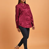 Fuchsia Satin Shirt with Balloon Sleeves and Open Front - Lakshita