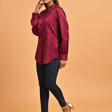 Fuchsia Satin Shirt with Balloon Sleeves and Open Front - Lakshita