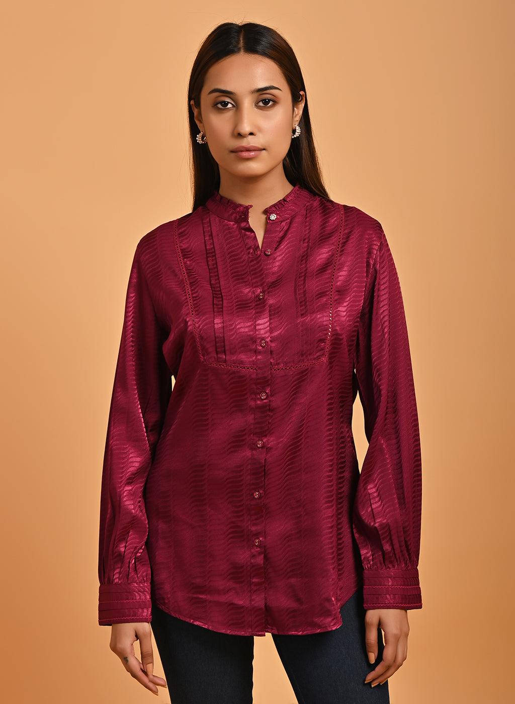 Fuchsia Satin Shirt with Balloon Sleeves and Open Front - Lakshita