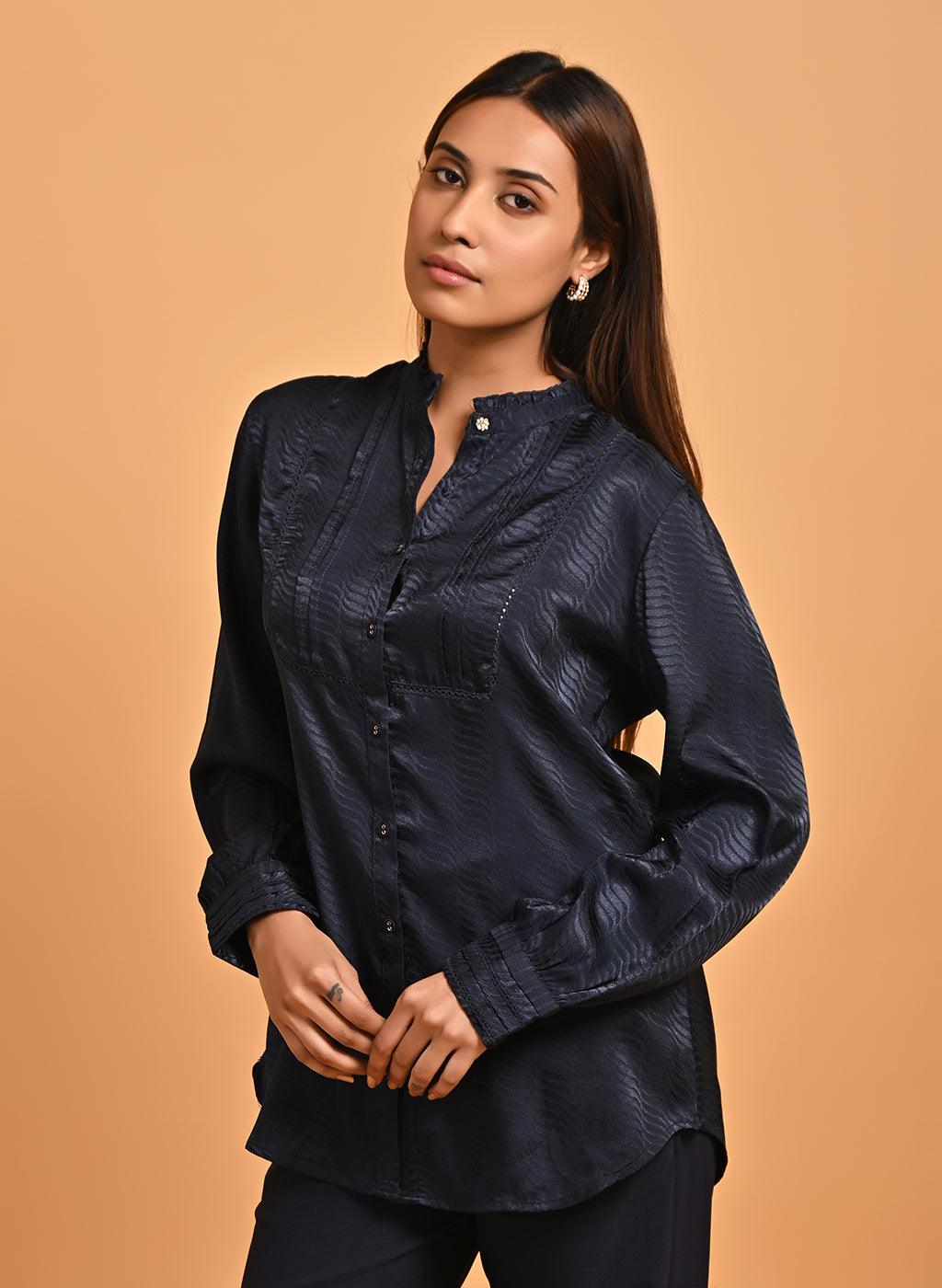 Navy Blue Satin Shirt with Balloon Sleeves and Open Front - Lakshita