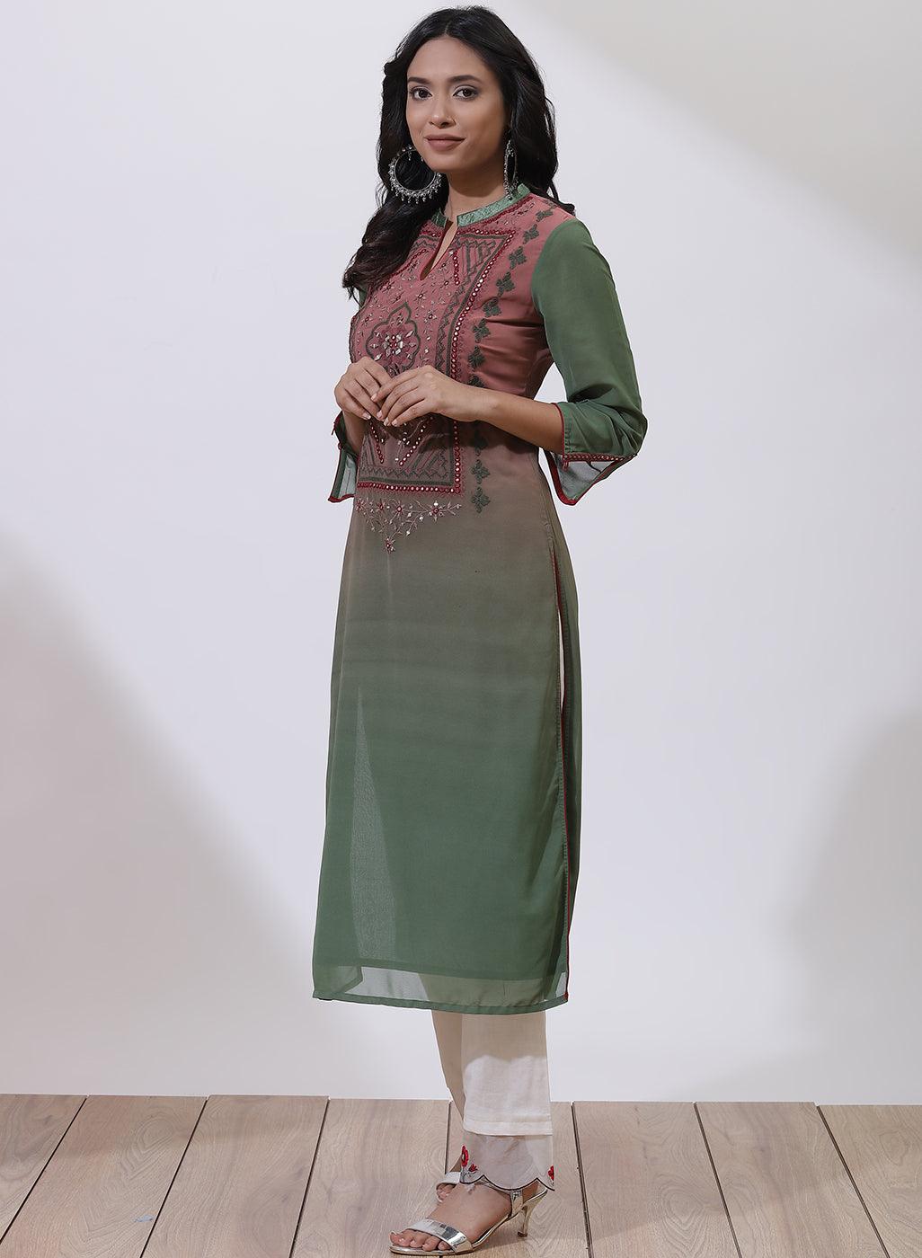 Side View of Brick Dust Dual Tone Collection Kurta With Embroidery