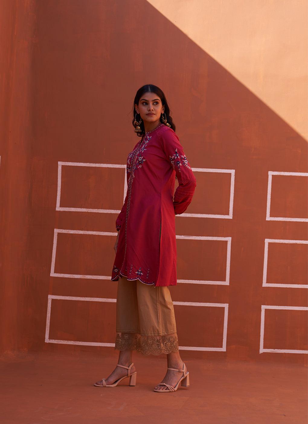 Pink Embroidered Kurta for Women with Puffed Sleeves - Lakshita