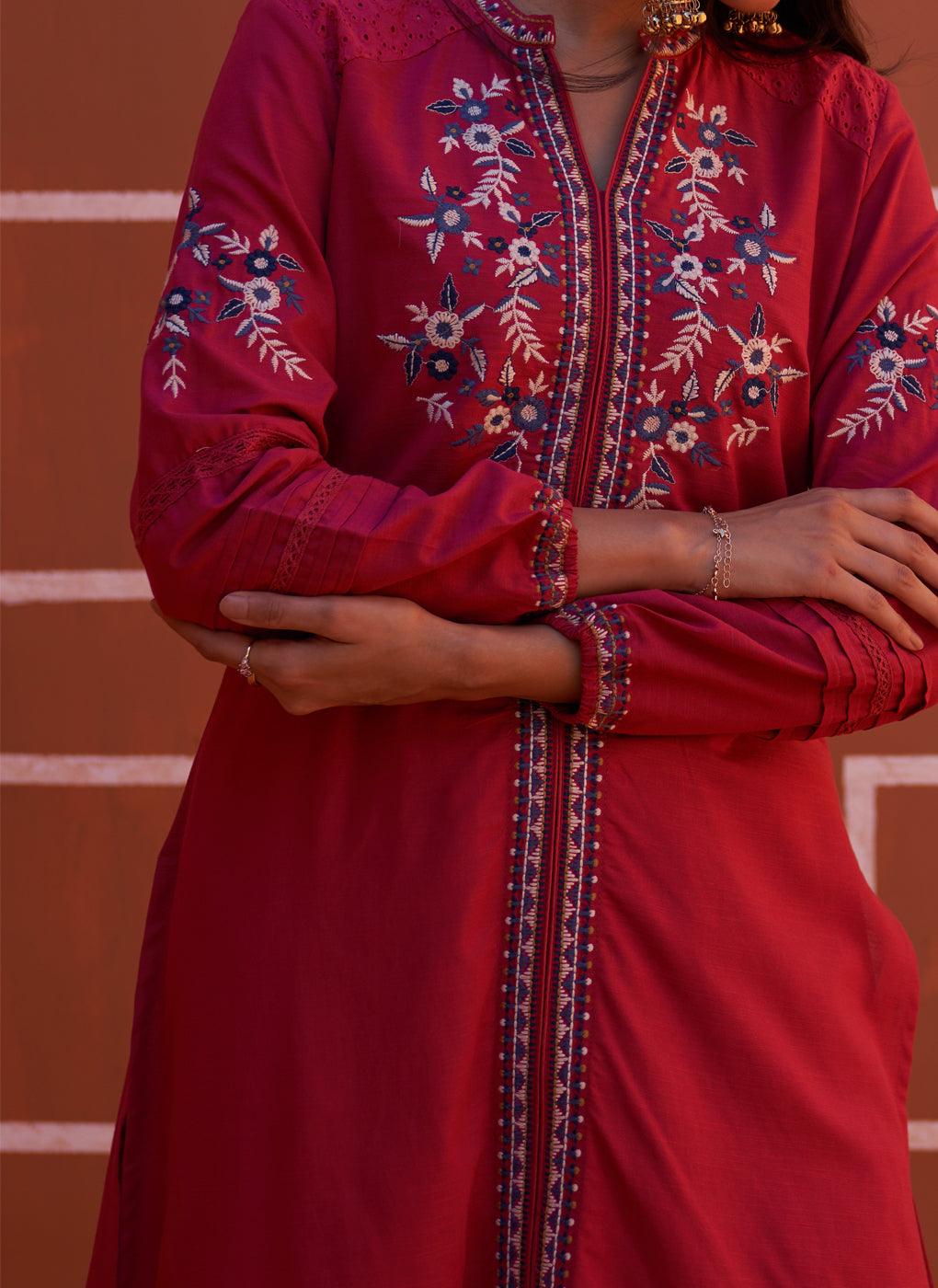 Pink Embroidered Kurta for Women with Puffed Sleeves - Lakshita