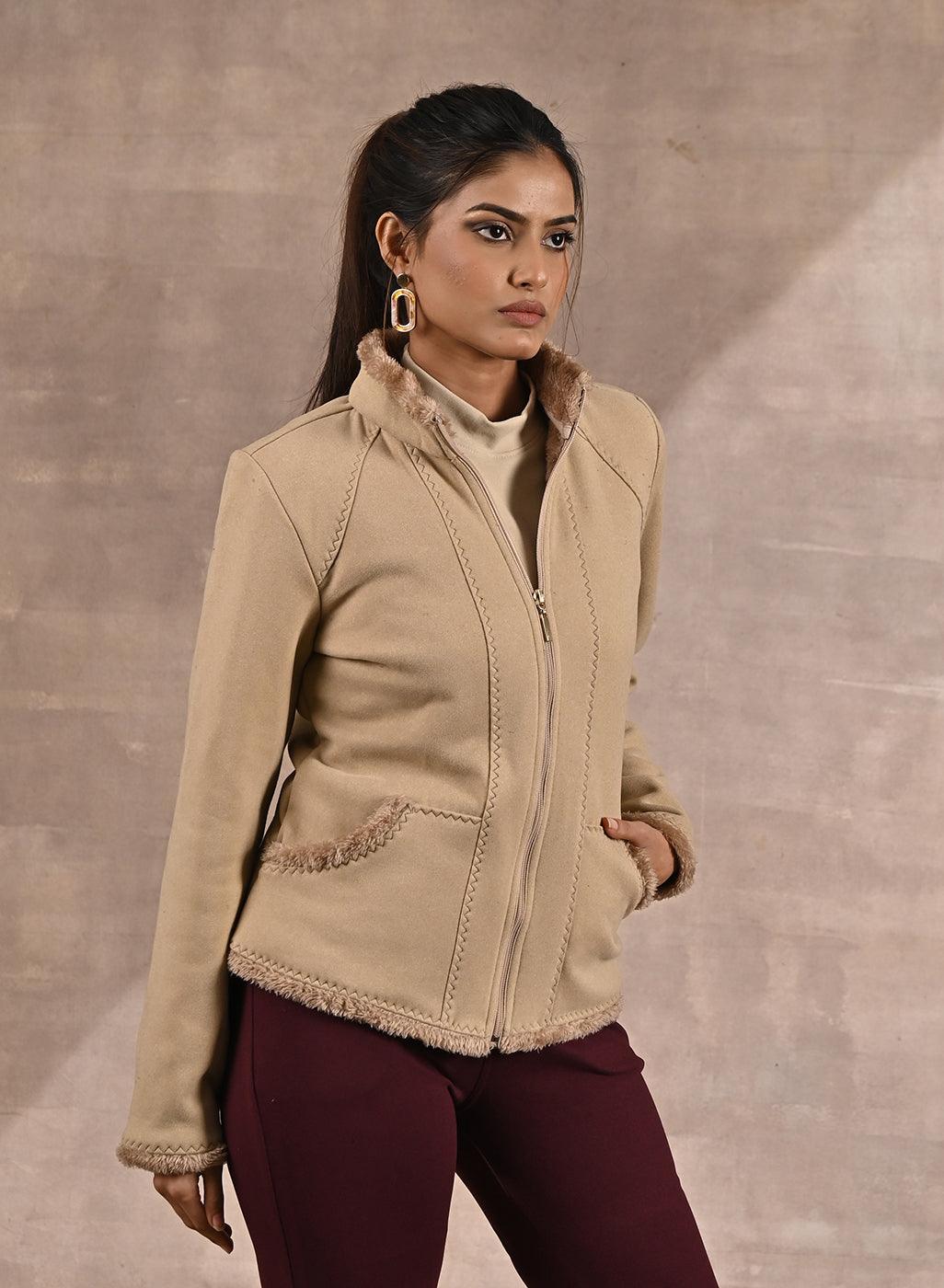 Beige High-neck Jacket with Fur Details - Lakshita