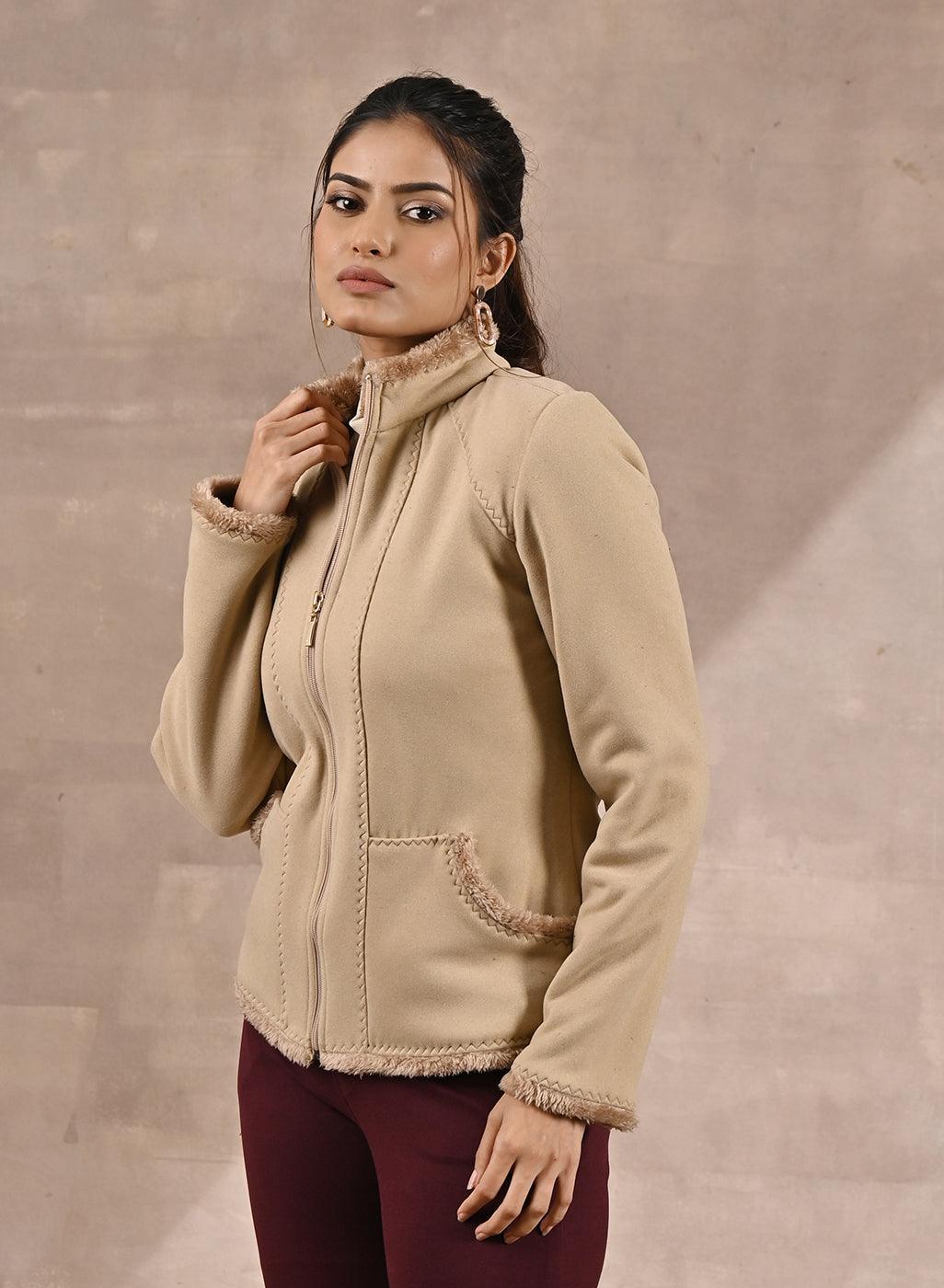 Beige High-neck Jacket with Fur Details - Lakshita