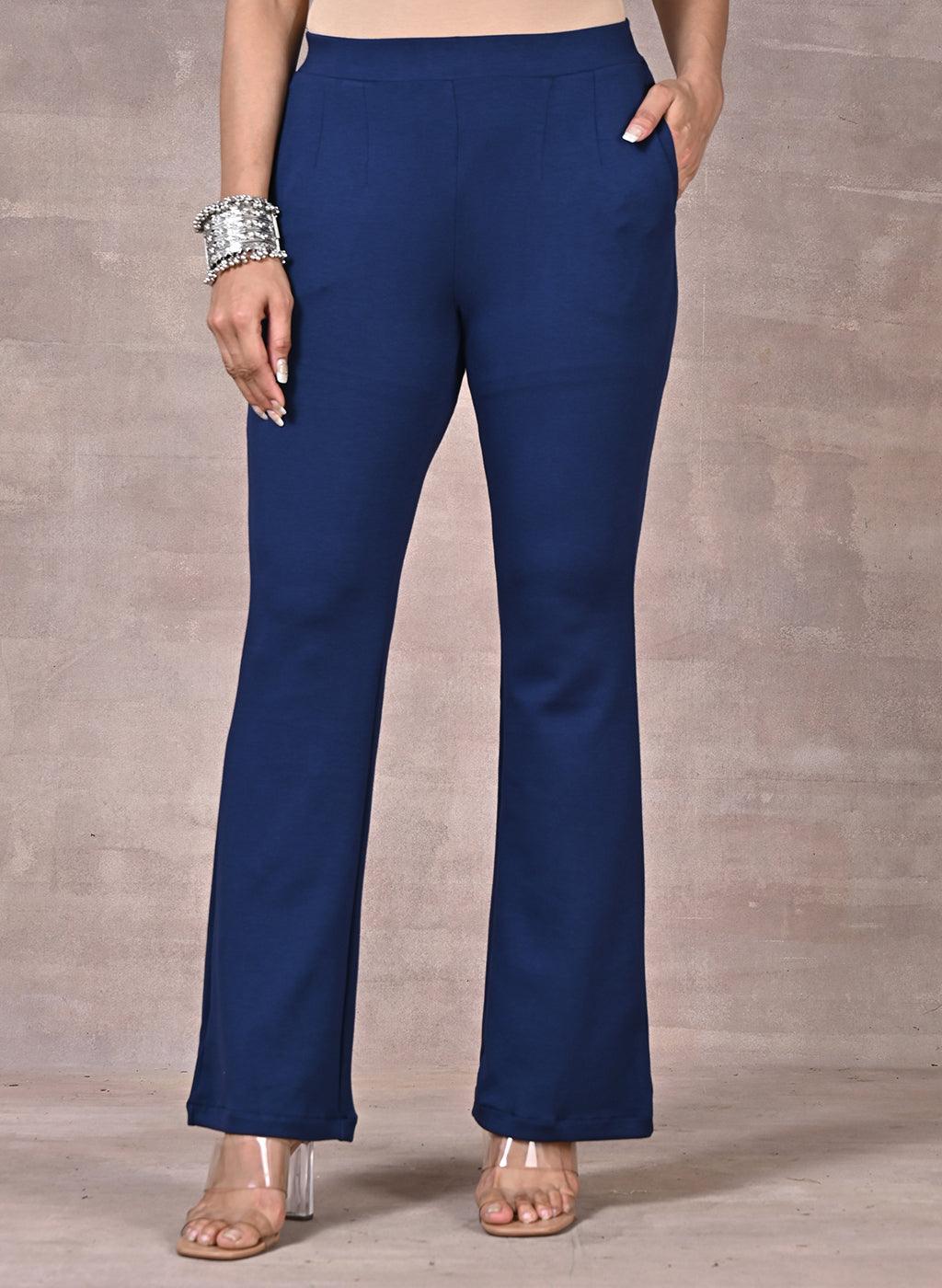 Navy Blue Fitted Trouser Pants With Straight Hem - Lakshita