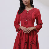 Red Phool Collection Tunic With Schiffli Embroidery