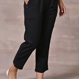 Black Regular Plain Linen Capri