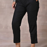 Black Regular Plain Linen Capri