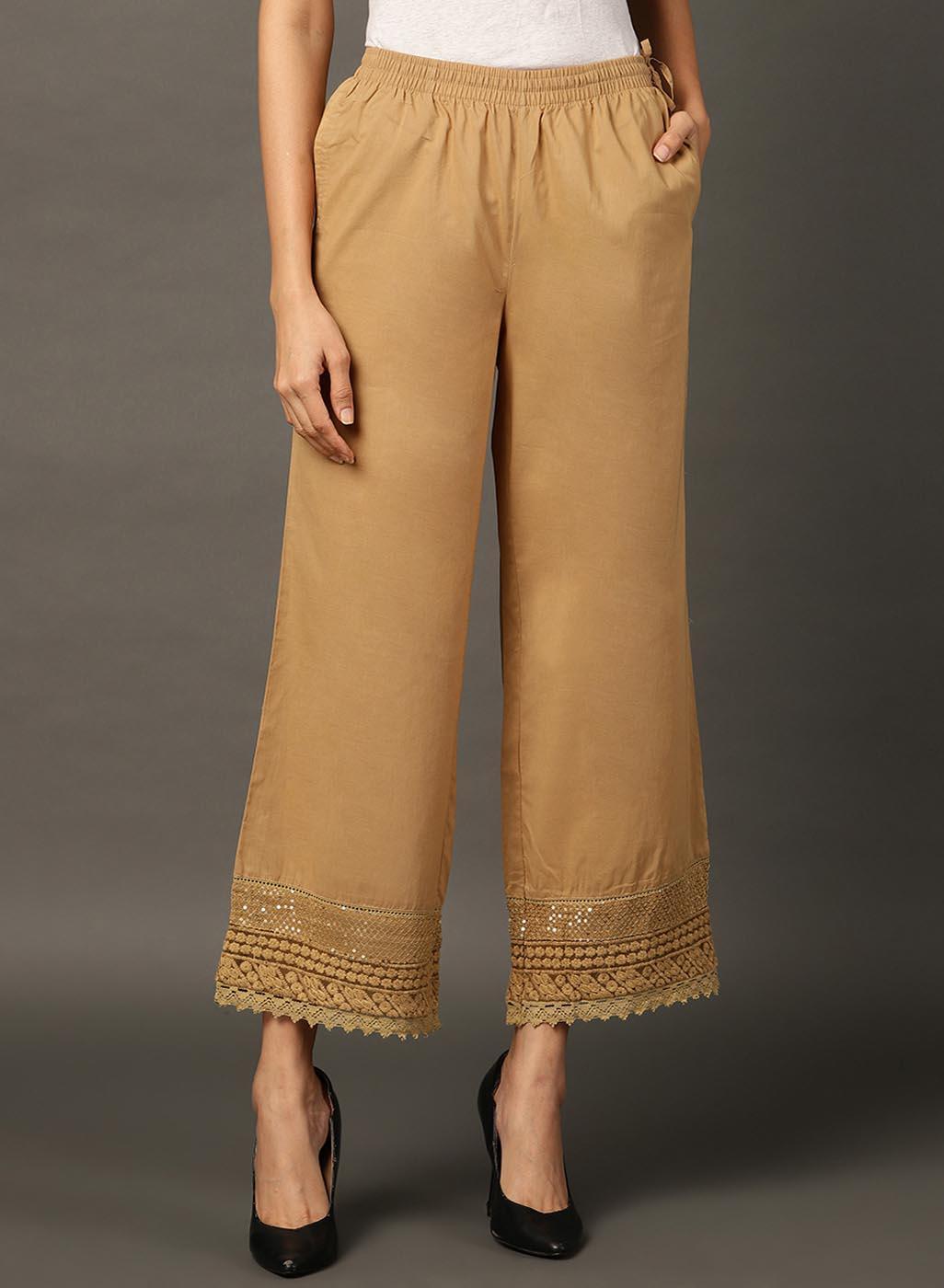 Beige Palazzos With Shimmery Details At The Hems - Lakshita