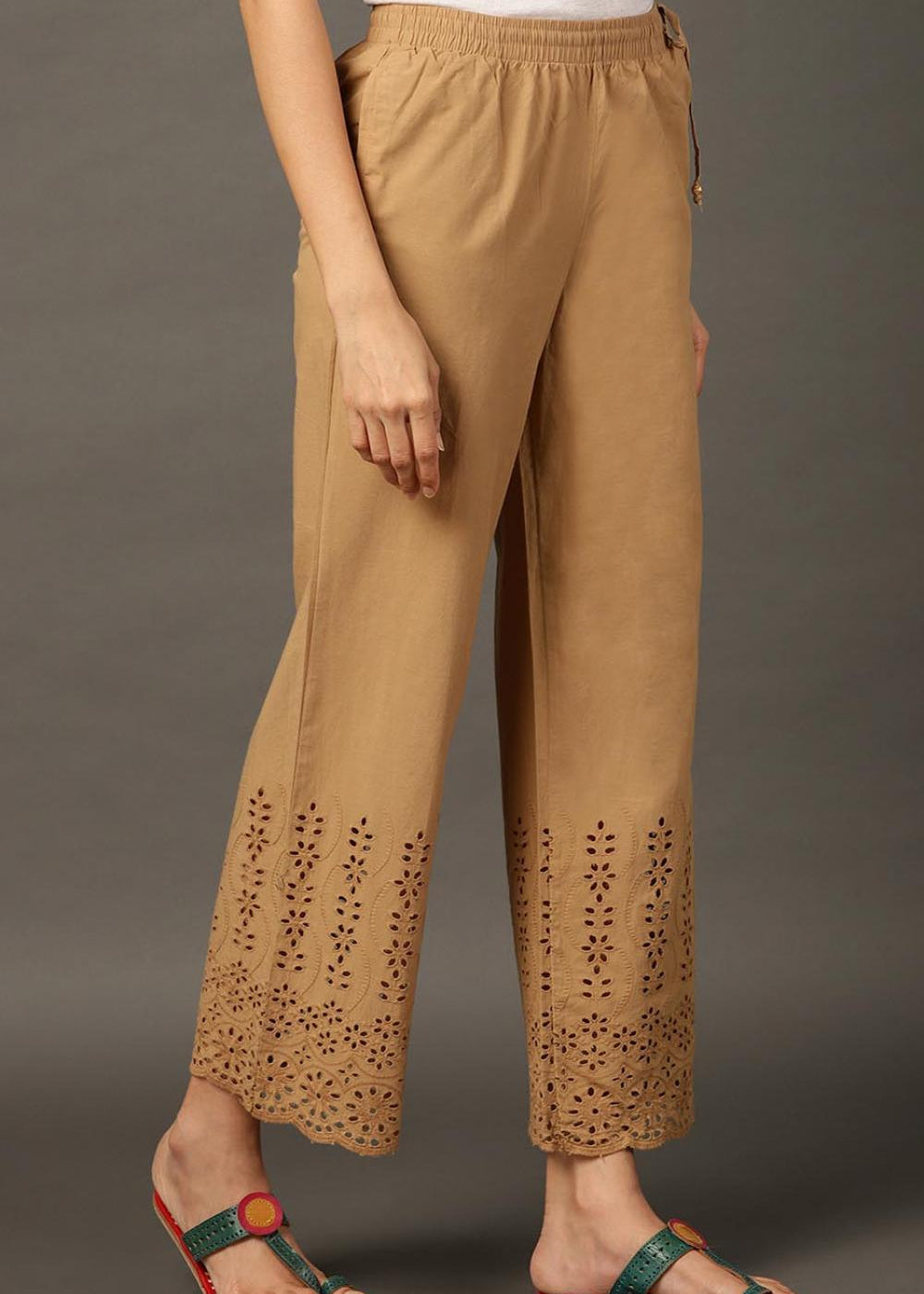 Beige Palazzos With Shimmery Details At The Hems - Lakshita