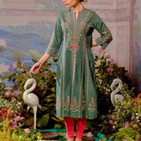 Bird Green Long Kurta with All-over work and Mandarin Collar - Lakshita